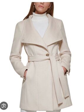NWT Calvin Klein Cream Asymmetrical Belted Wool Trench Coat